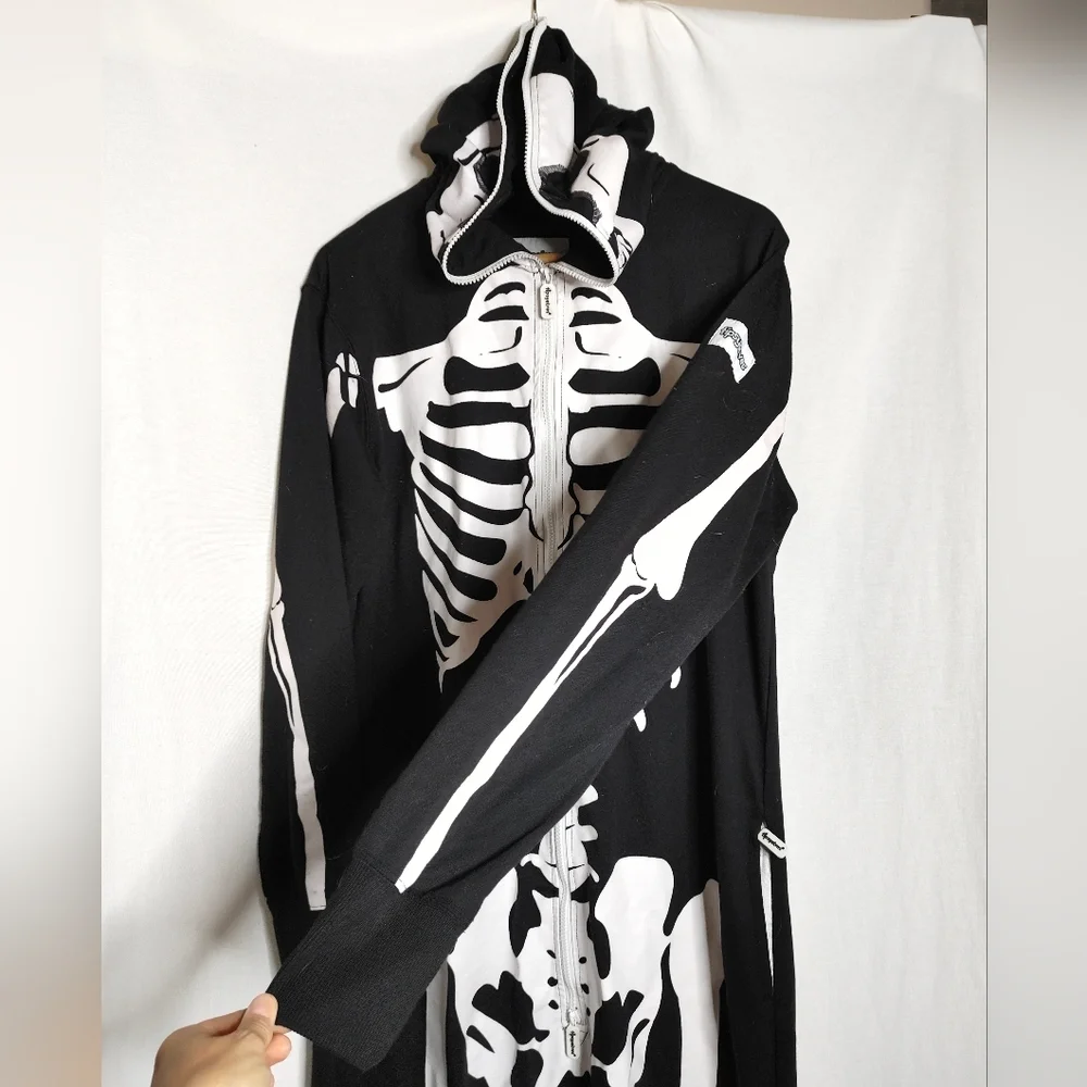 Tipsy Elves Skeleton Costume Jumpsuit Full Zip Black White Large L Unisex Pajama - Picture 2 of 13